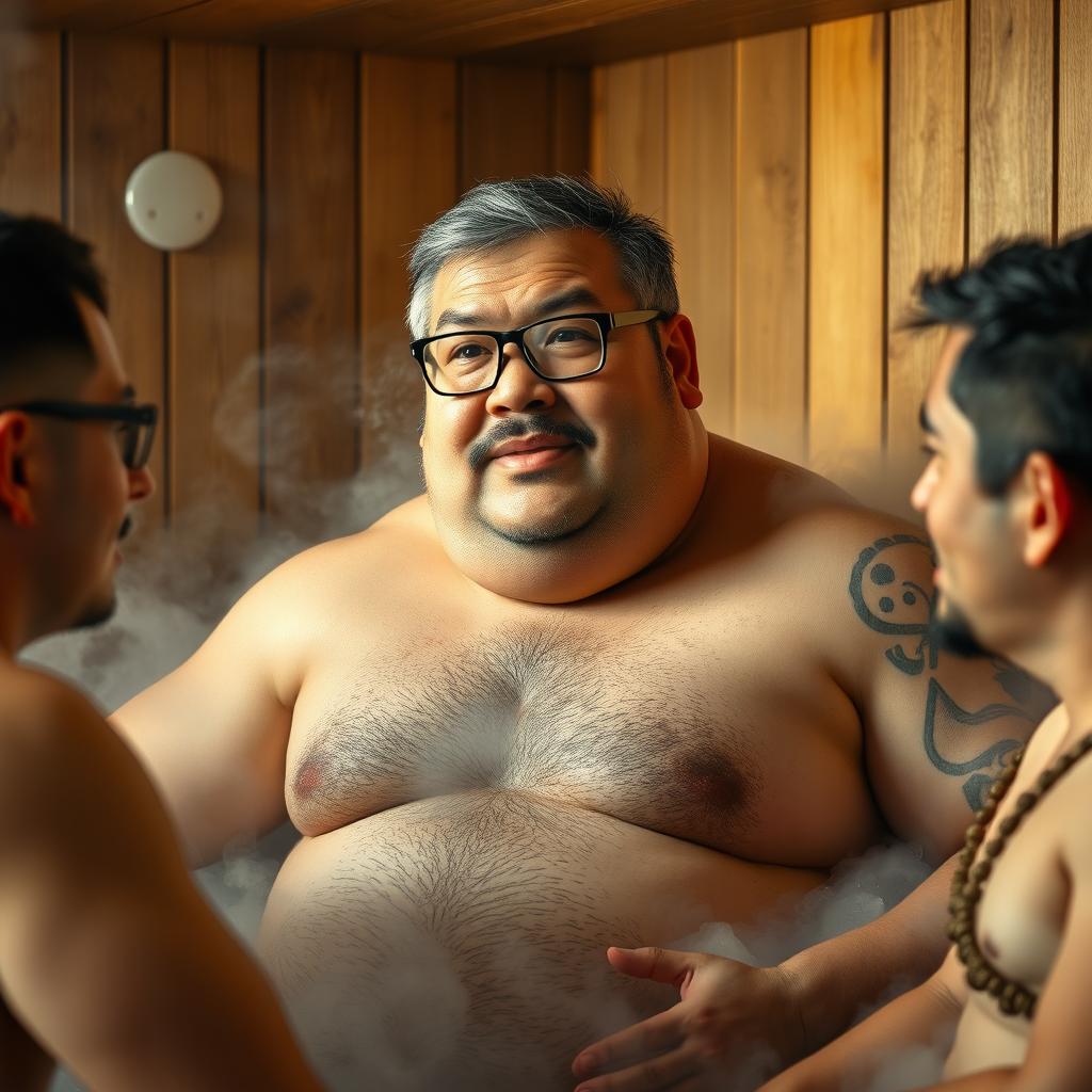 A stout, burly Asian middle-aged man with a round face and thick chest, towering and robust