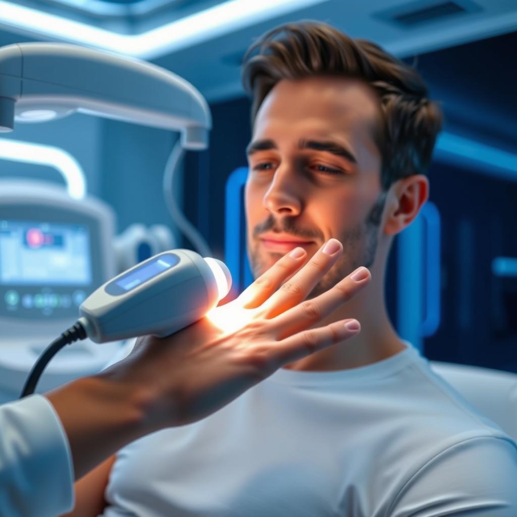 A man receiving power cure laser therapy on his hand, depicted in a modern, sleek therapy room
