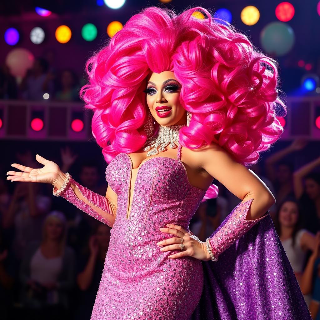 A vibrant and extravagant drag queen performer, showcasing a stunning and elaborate costume