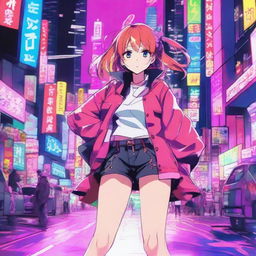 Draw a vibrant anime scene, featuring a dynamic character surrounded by a bustling urban backdrop filled with neon lights.