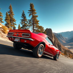 A vibrant red 1967 Chevrolet Camaro SS racing up a steep mountain pass, its engine growling powerfully as it navigates through a sharp bend