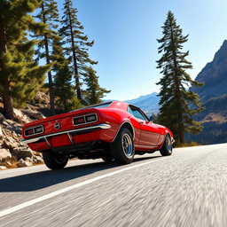 A vibrant red 1967 Chevrolet Camaro SS racing up a steep mountain pass, its engine growling powerfully as it navigates through a sharp bend