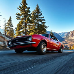 A vibrant red 1967 Chevrolet Camaro SS racing up a steep mountain pass, its engine growling powerfully as it navigates through a sharp bend