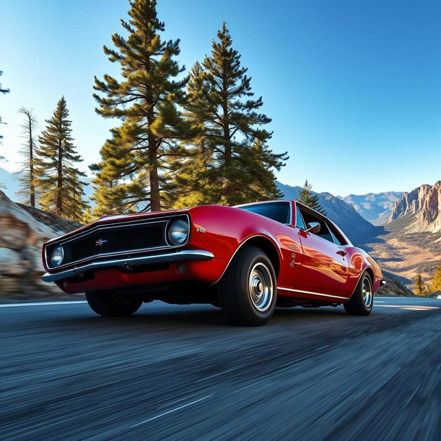 A vibrant red 1967 Chevrolet Camaro SS racing up a steep mountain pass, its engine growling powerfully as it navigates through a sharp bend