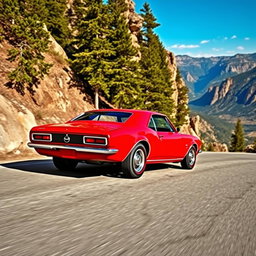 A vibrant red 1967 Chevrolet Camaro SS racing up a steep mountain pass, its engine growling powerfully as it navigates through a sharp bend