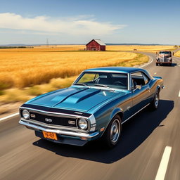 A metallic blue 1968 Chevrolet Camaro RS speeding down an open highway, with a vast and picturesque countryside stretching endlessly on either side