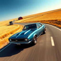 A metallic blue 1968 Chevrolet Camaro RS speeding down an open highway, with a vast and picturesque countryside stretching endlessly on either side