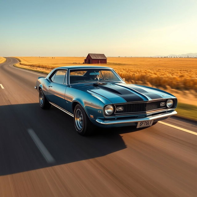 A metallic blue 1968 Chevrolet Camaro RS speeding down an open highway, with a vast and picturesque countryside stretching endlessly on either side