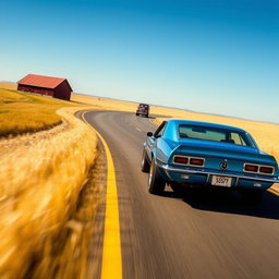 A metallic blue 1968 Chevrolet Camaro RS speeding down an open highway, with a vast and picturesque countryside stretching endlessly on either side