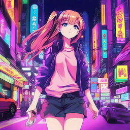 Draw a vibrant anime scene, featuring a dynamic character surrounded by a bustling urban backdrop filled with neon lights.