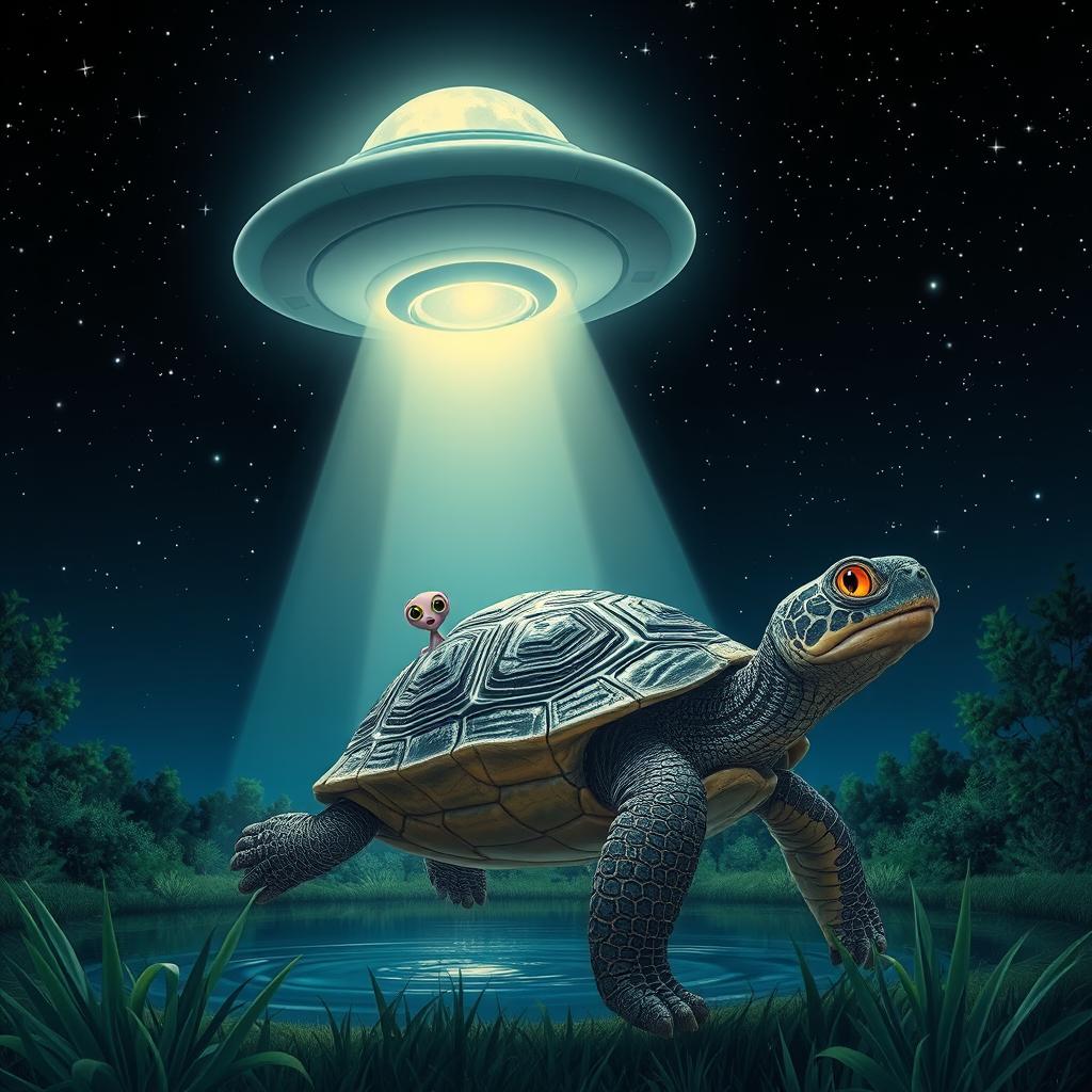 A thrilling nighttime scene of a turtle being abducted by aliens