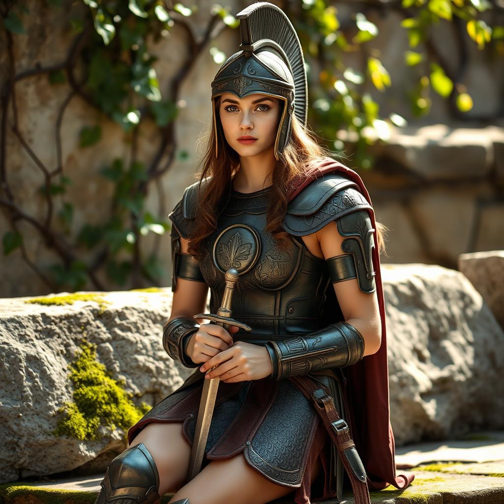 A young woman wearing a gladiator's armor and helmet, sitting on a stone bench