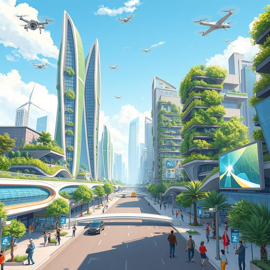 An illustration of a futuristic cityscape 20 years in the future, featuring sleek skyscrapers with organic shapes, lush vertical gardens, flying cars navigating through skyways, and people using advanced technology on the streets