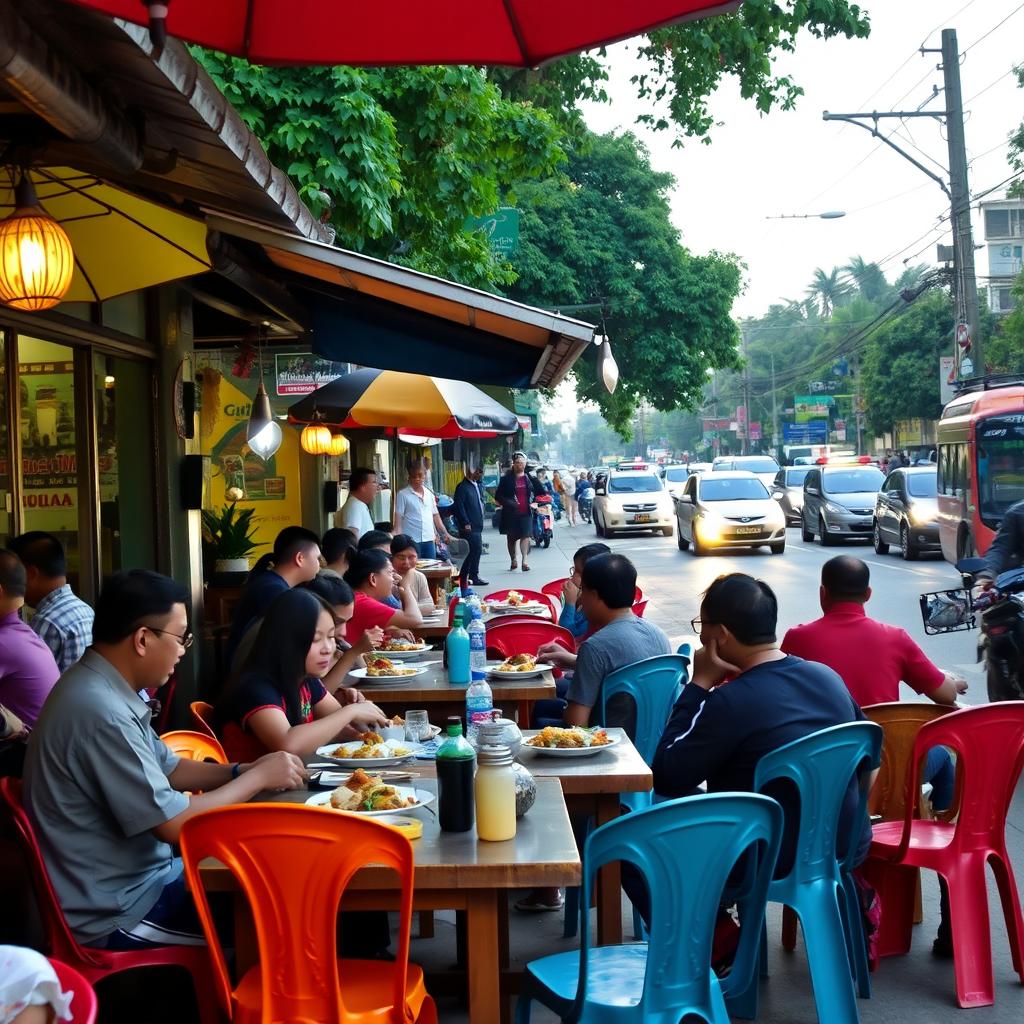 A bustling classic Indonesian warung (small eatery) located by the roadside, filled with customers enjoying their meals