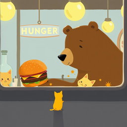 Inside a hamburger shop, a brown bear holds out a delicious, fragrant hamburger to a cute little yellow cat, illustrated in the charming and whimsical style of Jon Klassen