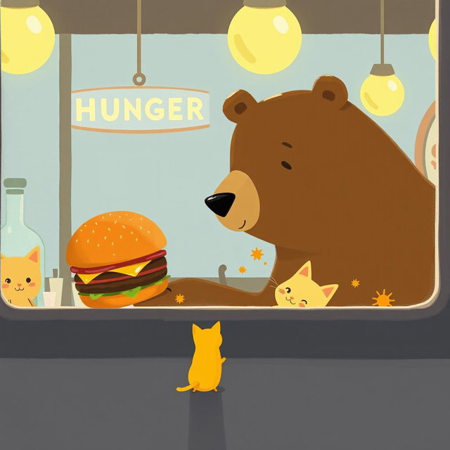 Inside a hamburger shop, a brown bear holds out a delicious, fragrant hamburger to a cute little yellow cat, illustrated in the charming and whimsical style of Jon Klassen