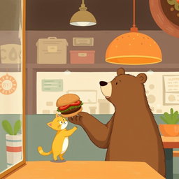 Inside a hamburger shop, a brown bear holds out a delicious, fragrant hamburger to a cute little yellow cat, illustrated in the charming and whimsical style of Jon Klassen