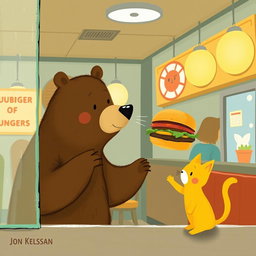 Inside a hamburger shop, a brown bear holds out a delicious, fragrant hamburger to a cute little yellow cat, illustrated in the charming and whimsical style of Jon Klassen