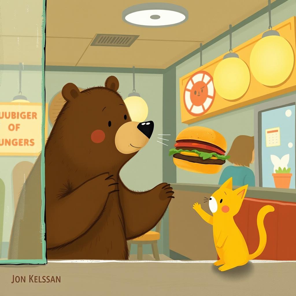 Inside a hamburger shop, a brown bear holds out a delicious, fragrant hamburger to a cute little yellow cat, illustrated in the charming and whimsical style of Jon Klassen