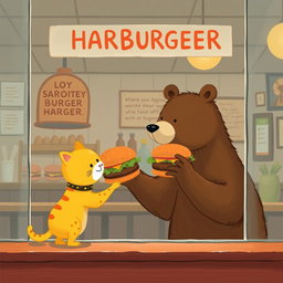 Inside a hamburger shop, a brown bear holds out a delicious, fragrant hamburger to a cute little yellow cat, illustrated in the charming and whimsical style of Jon Klassen