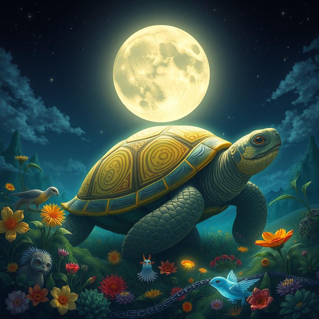 A fantastical scene inspired by the phrase "Tartaruag na lua", portraying a mythical turtle under a magical moonlight