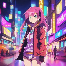 Draw a vibrant anime scene, featuring a dynamic character surrounded by a bustling urban backdrop filled with neon lights.