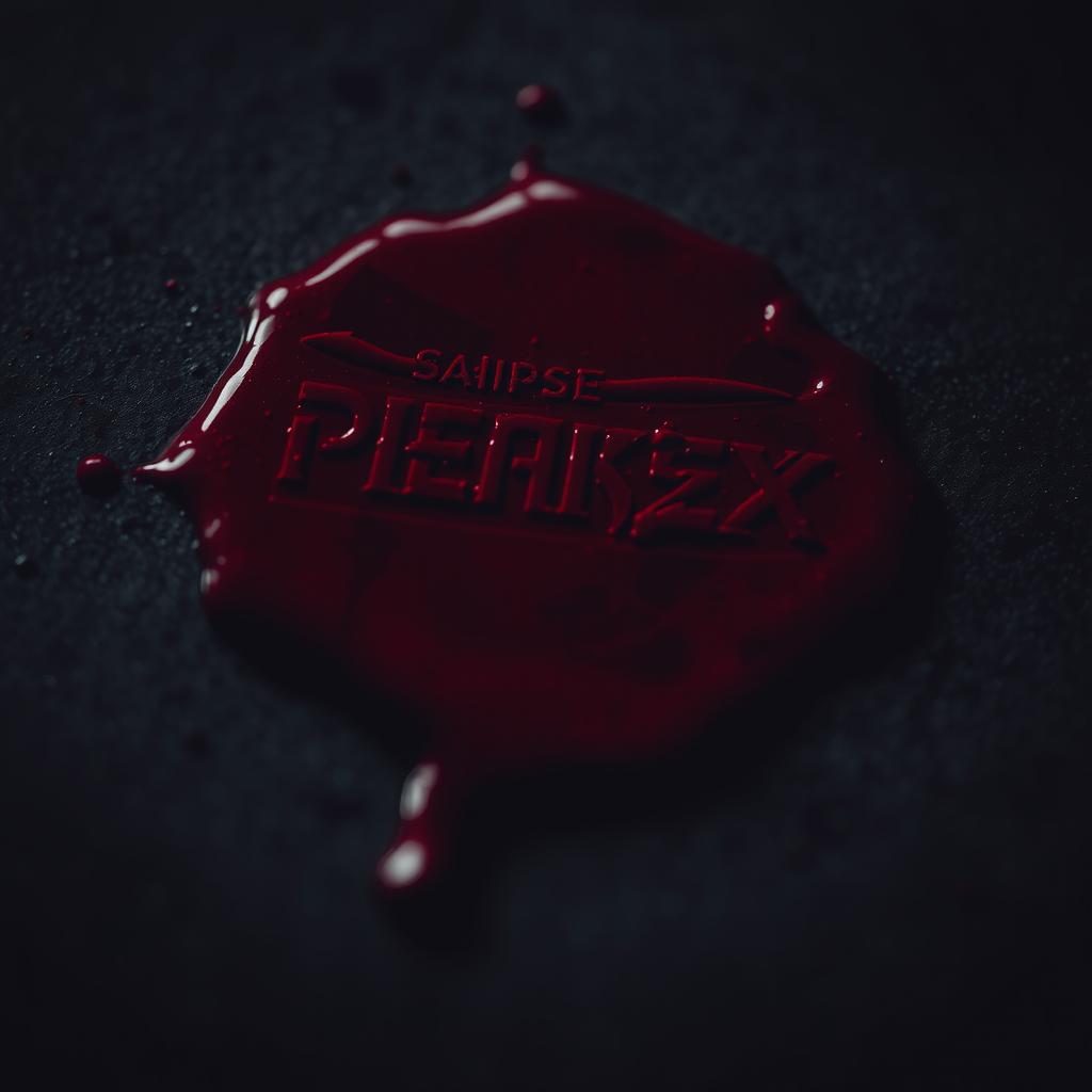 A striking and vivid close-up of a red bloodstain on a textured surface, capturing the richness of the color and the intricacies of the stain's shape, with a focus on the contrast between the dark background and the vibrant red, creating a dramatic and unsettling atmosphere