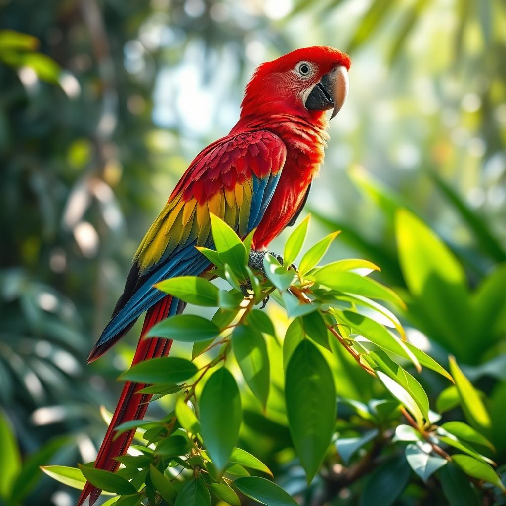 A vivid red parrot perched elegantly on a lush green branch filled with vibrant tropical foliage