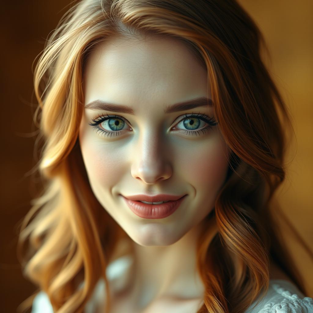 A close-up portrait of a beautiful woman with striking features