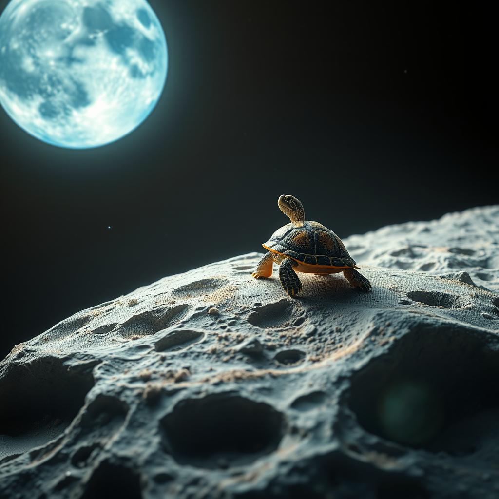 A whimsical scene of a turtle on the moon looking down at Earth