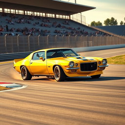 A bright yellow 1971 Chevrolet Camaro Z28 tearing through a professional race track, expertly hugging the inside line of a sharp curve