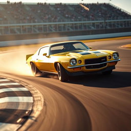 A bright yellow 1971 Chevrolet Camaro Z28 tearing through a professional race track, expertly hugging the inside line of a sharp curve