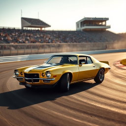 A bright yellow 1971 Chevrolet Camaro Z28 tearing through a professional race track, expertly hugging the inside line of a sharp curve
