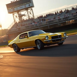 A bright yellow 1971 Chevrolet Camaro Z28 tearing through a professional race track, expertly hugging the inside line of a sharp curve