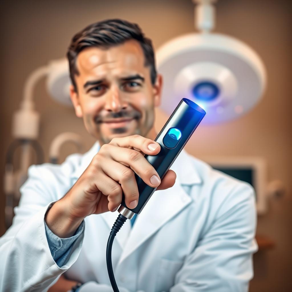 A close-up image of a professional man confidently holding a sleek, modern handheld cold laser device in his hand