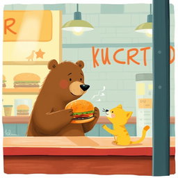 Inside a hamburger shop, a brown bear holds out a delicious, fragrant hamburger to a cute little yellow cat, illustrated in the whimsical and charming style of Jon Klassen
