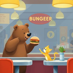 Inside a hamburger shop, a brown bear holds out a delicious, fragrant hamburger to a cute little yellow cat, illustrated in the whimsical and charming style of Jon Klassen