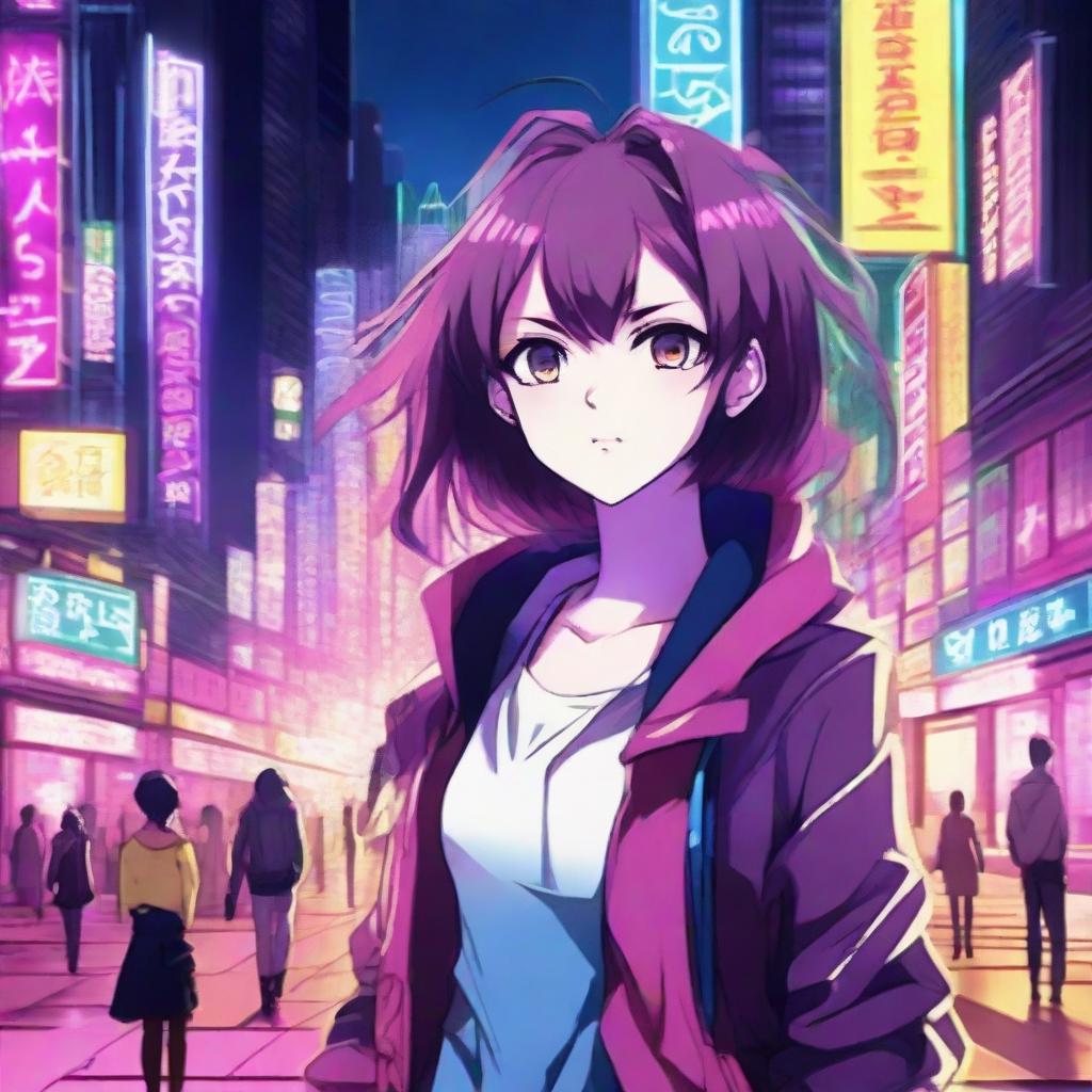 Draw a vibrant anime scene, featuring a dynamic character surrounded by a bustling urban backdrop filled with neon lights.