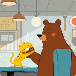 Inside a hamburger shop, a brown bear holds out a delicious, fragrant hamburger to a cute little yellow cat, illustrated in the whimsical and charming style of Jon Klassen