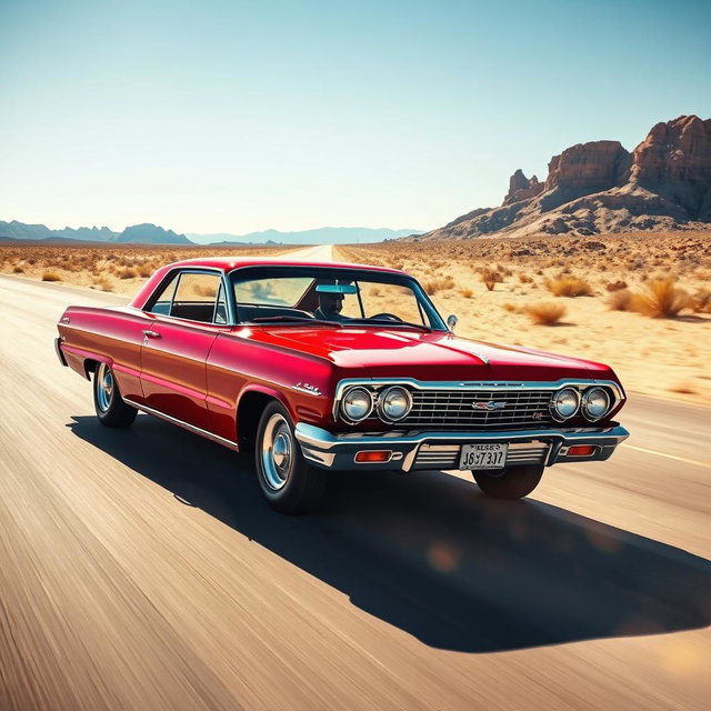 A glossy red 1964 Chevrolet Impala SS gliding down a long desert highway under the bright midday sun