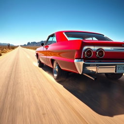 A glossy red 1964 Chevrolet Impala SS gliding down a long desert highway under the bright midday sun