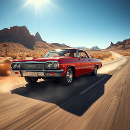 A glossy red 1964 Chevrolet Impala SS gliding down a long desert highway under the bright midday sun