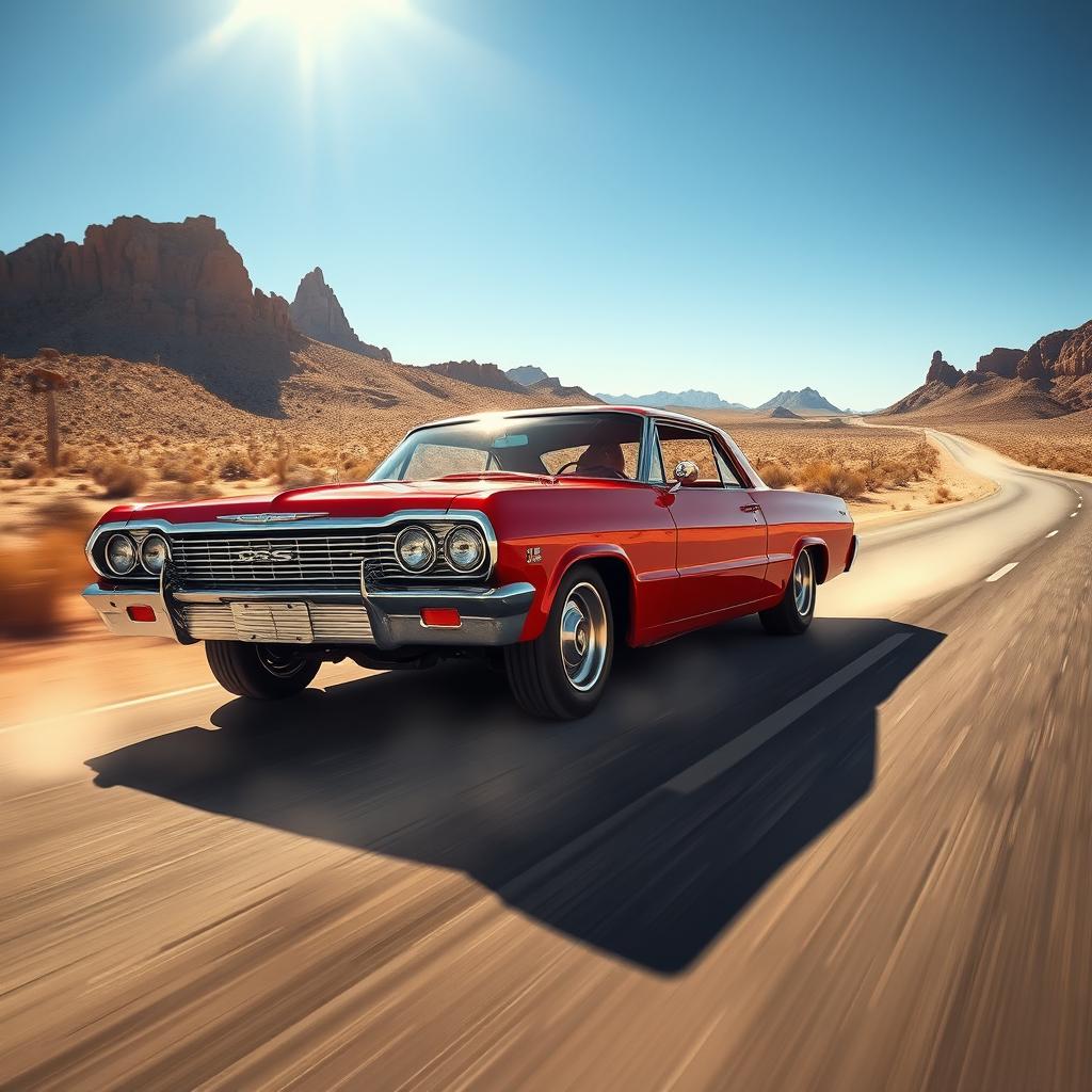 A glossy red 1964 Chevrolet Impala SS gliding down a long desert highway under the bright midday sun