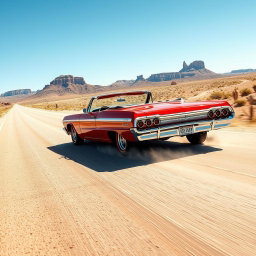 A glossy red 1964 Chevrolet Impala SS gliding down a long desert highway under the bright midday sun