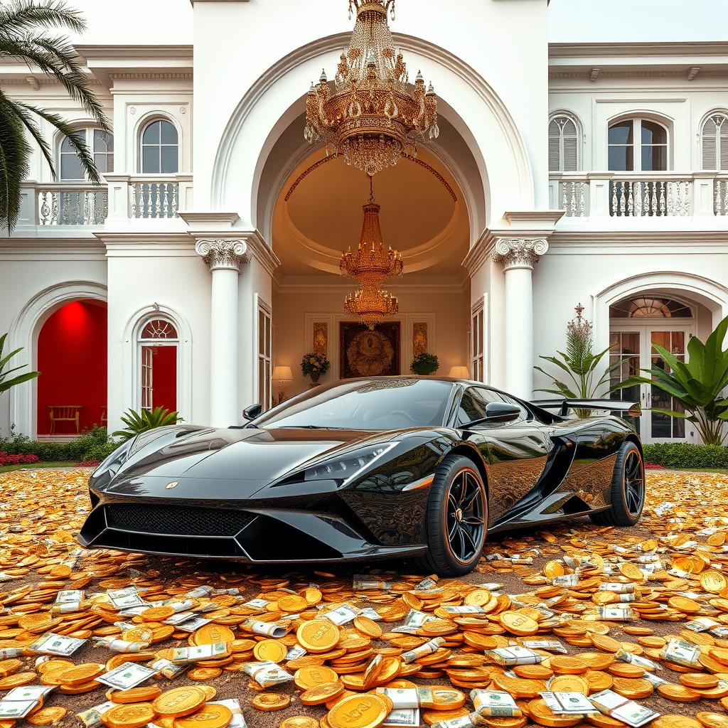 A luxurious villa featuring a long black chassis car parked prominently in the foreground