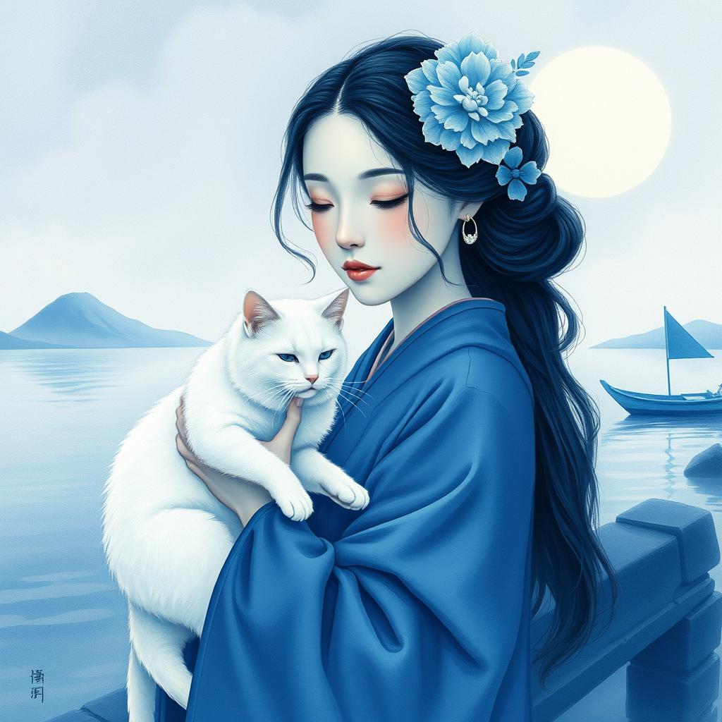 A serene woman in traditional East Asian garb gently holding a white cat by a tranquil seaside, conveying peace and quiet contemplation