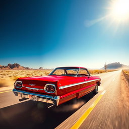 A glossy red 1964 Chevrolet Impala SS gliding down a long desert highway under the bright midday sun