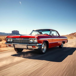 A glossy red 1964 Chevrolet Impala SS gliding down a long desert highway under the bright midday sun