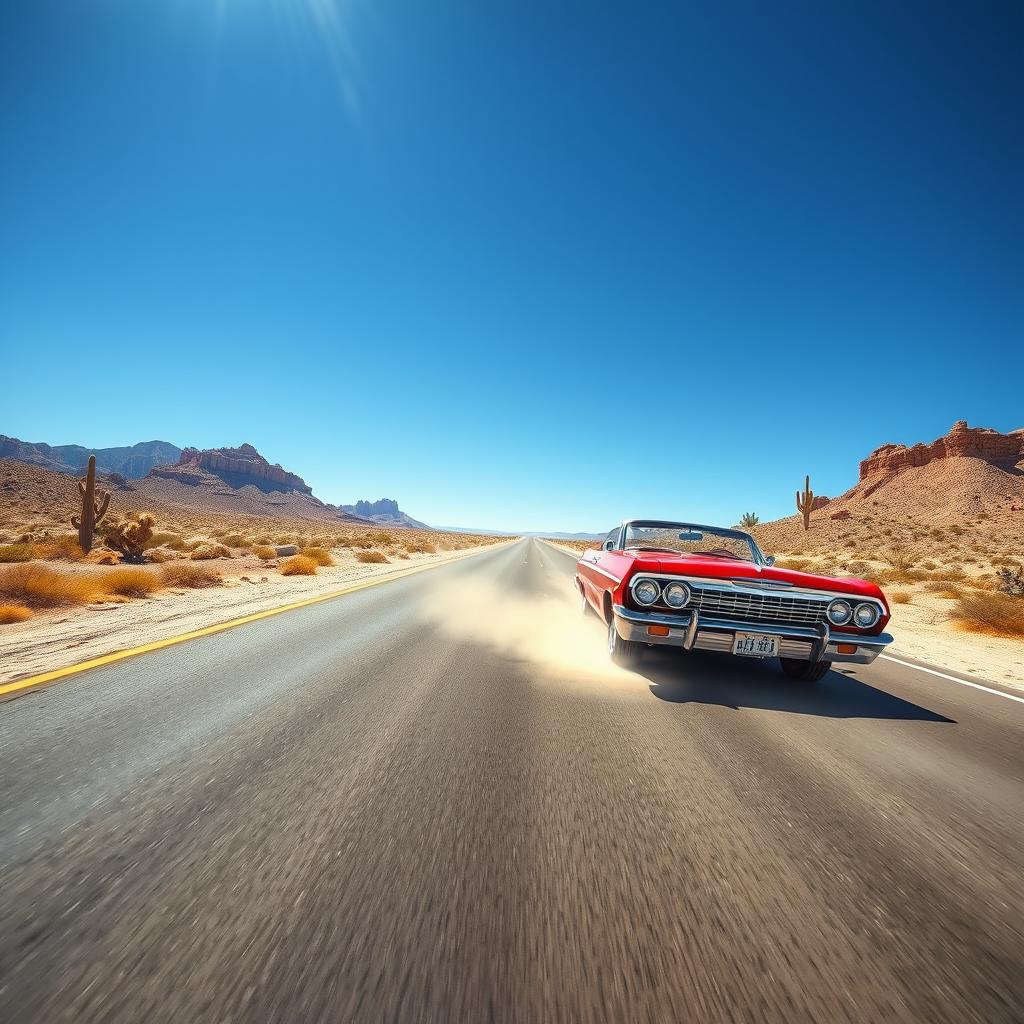 A glossy red 1964 Chevrolet Impala SS gliding down a long desert highway under the bright midday sun