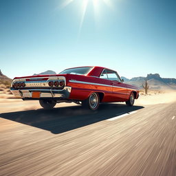 A glossy red 1964 Chevrolet Impala SS gliding down a long desert highway under the bright midday sun